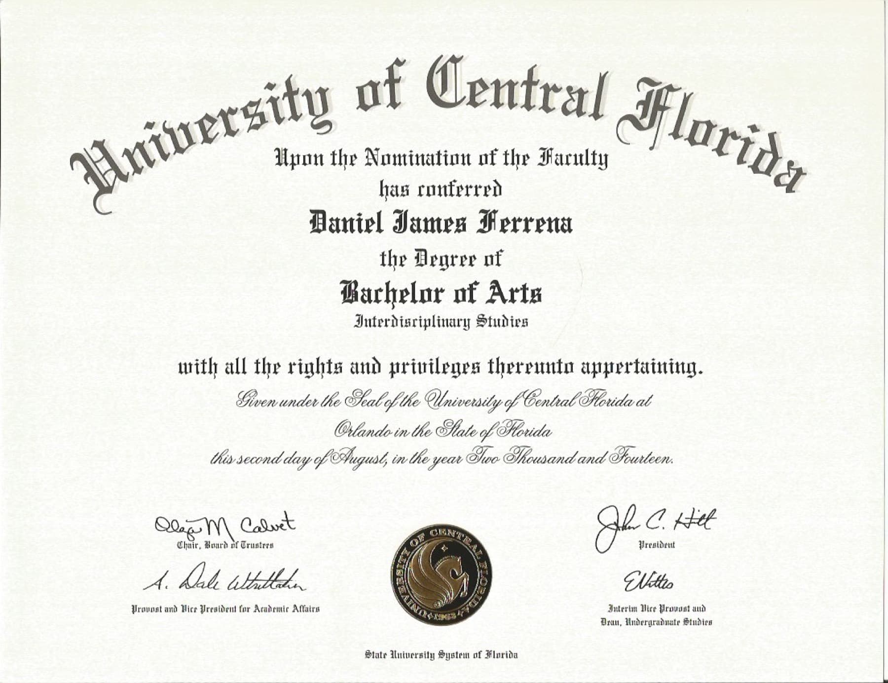 Bachelor of Arts degree from the University of Central Florida