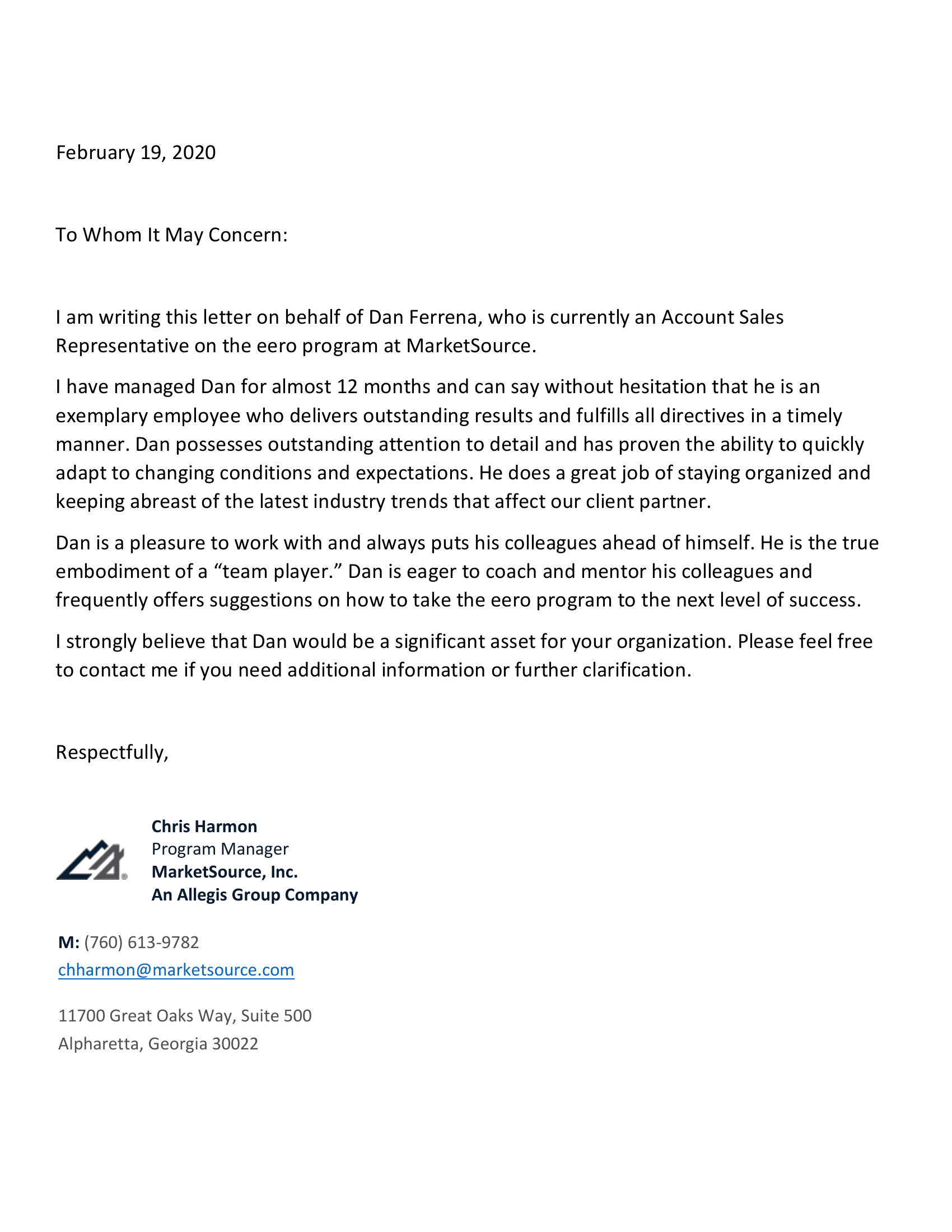 Letter of Recommendation from a MarketSource Program Manager