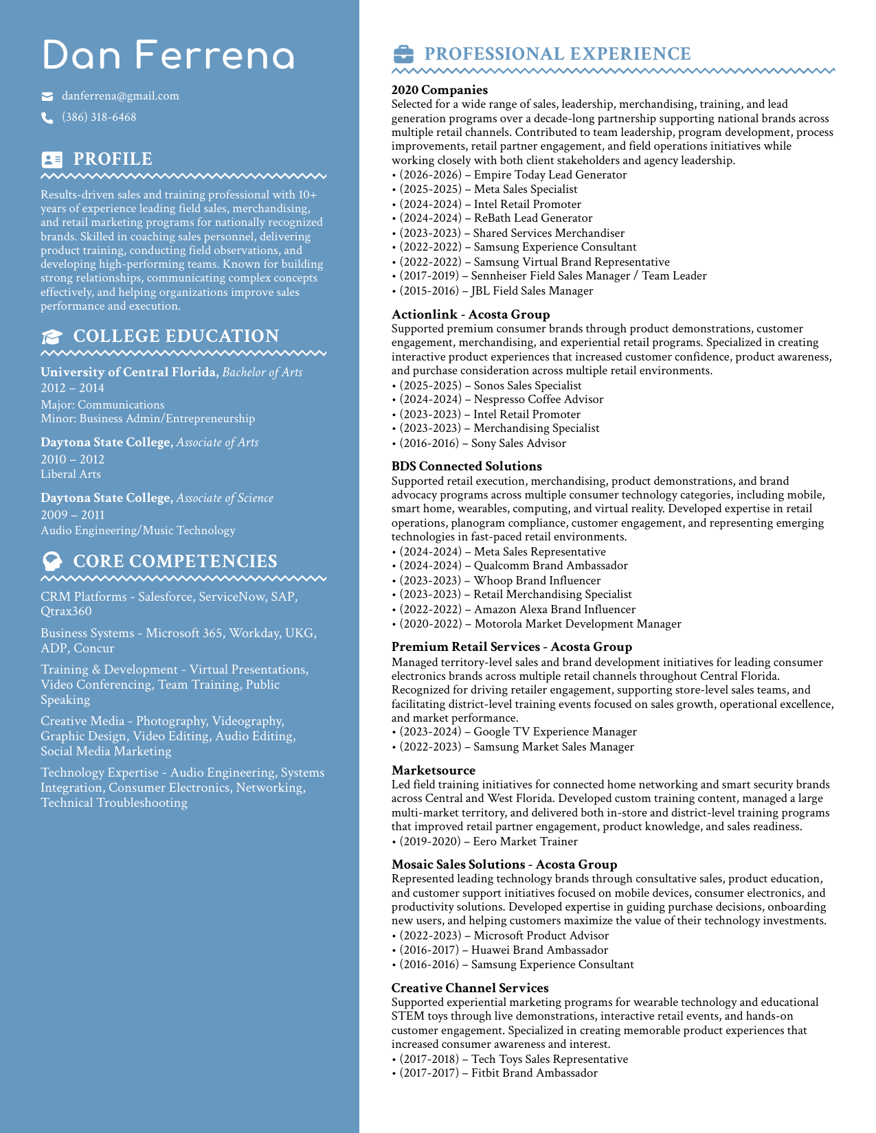 Page 1 of Daniel Ferrena's résumé